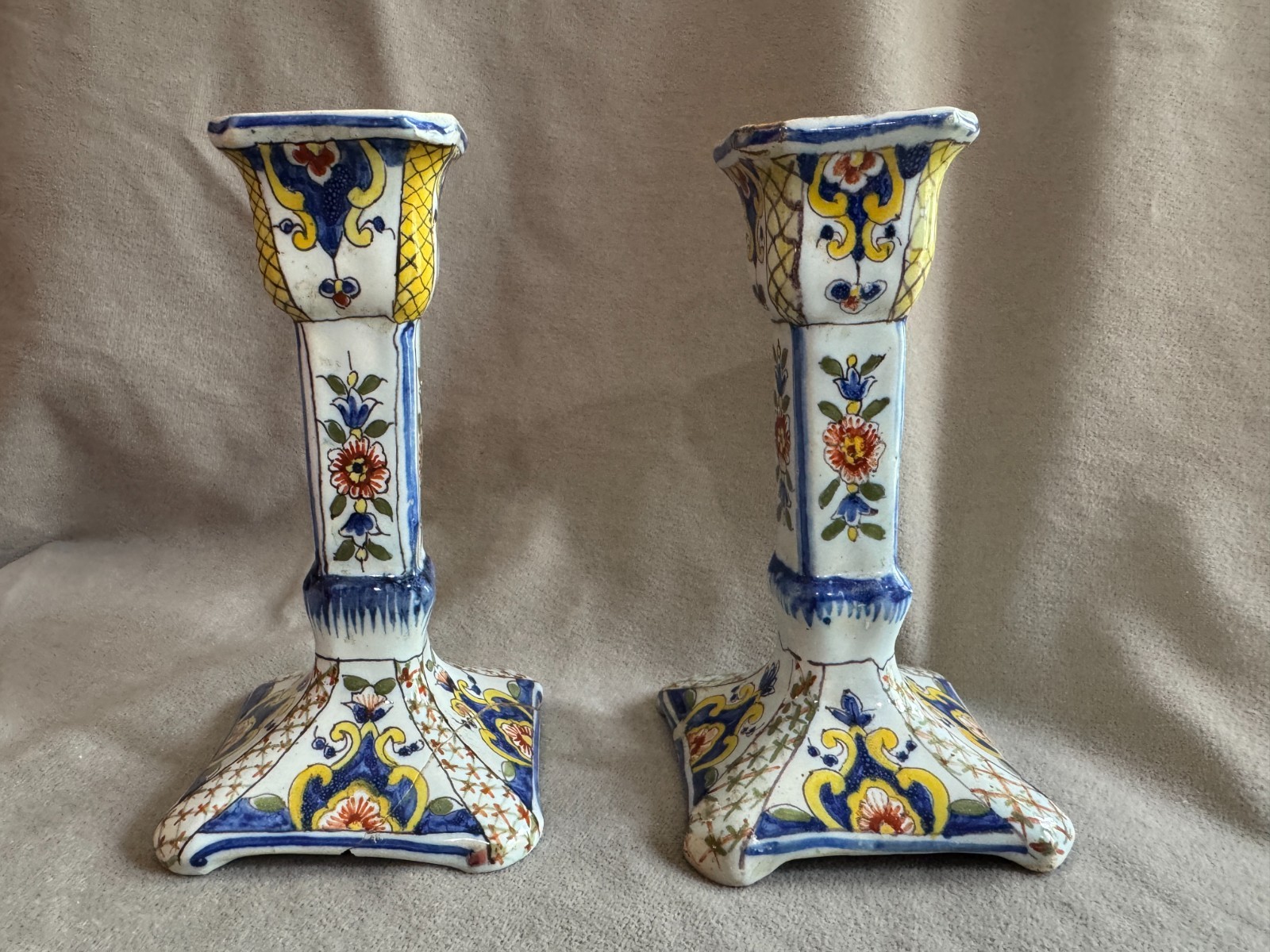 Two Antique French Faience Candle Holders (Desvres Region)