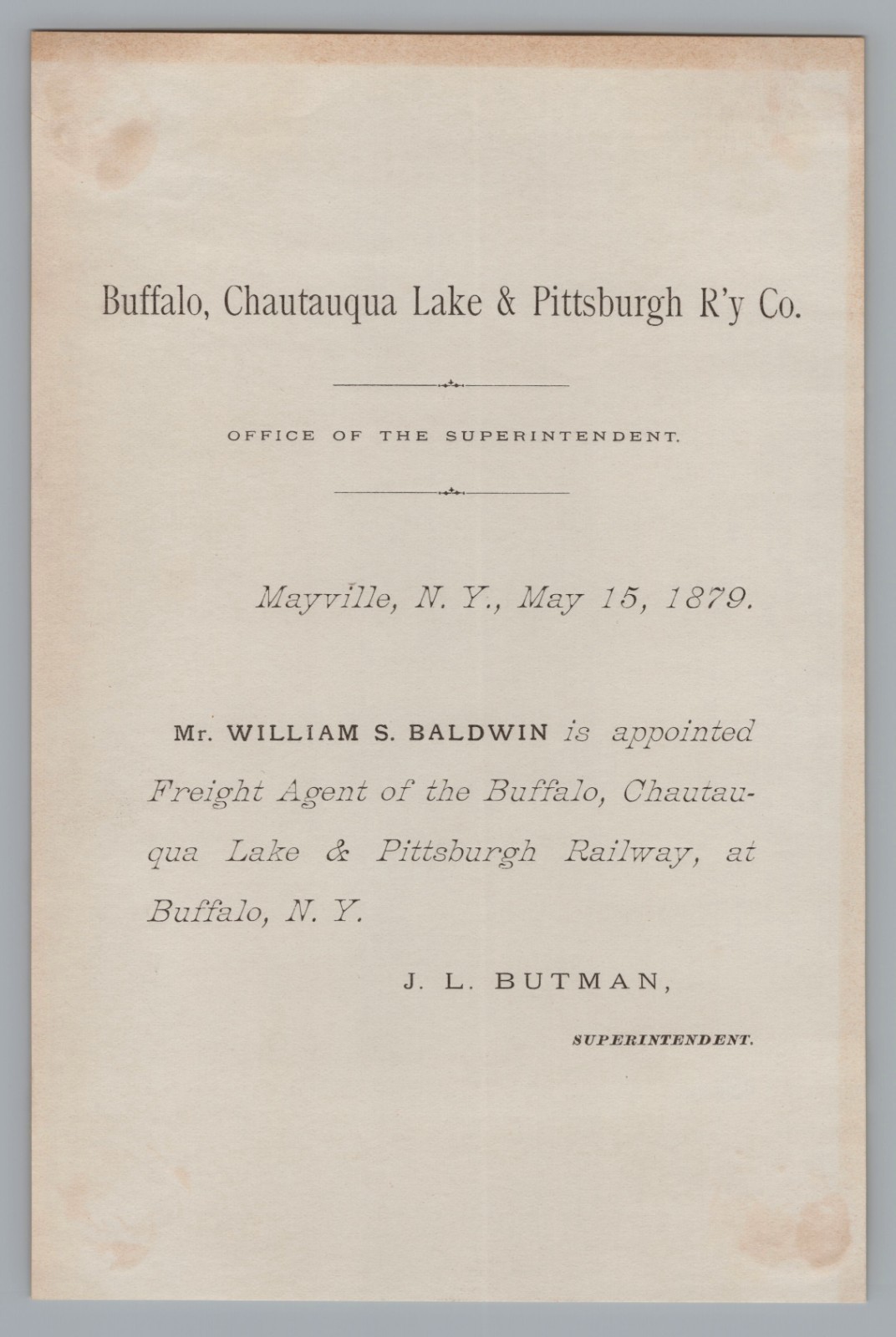 1879 Buffalo Chautauqua Lake & Pittsburgh Railway Railroad Appointment Notice