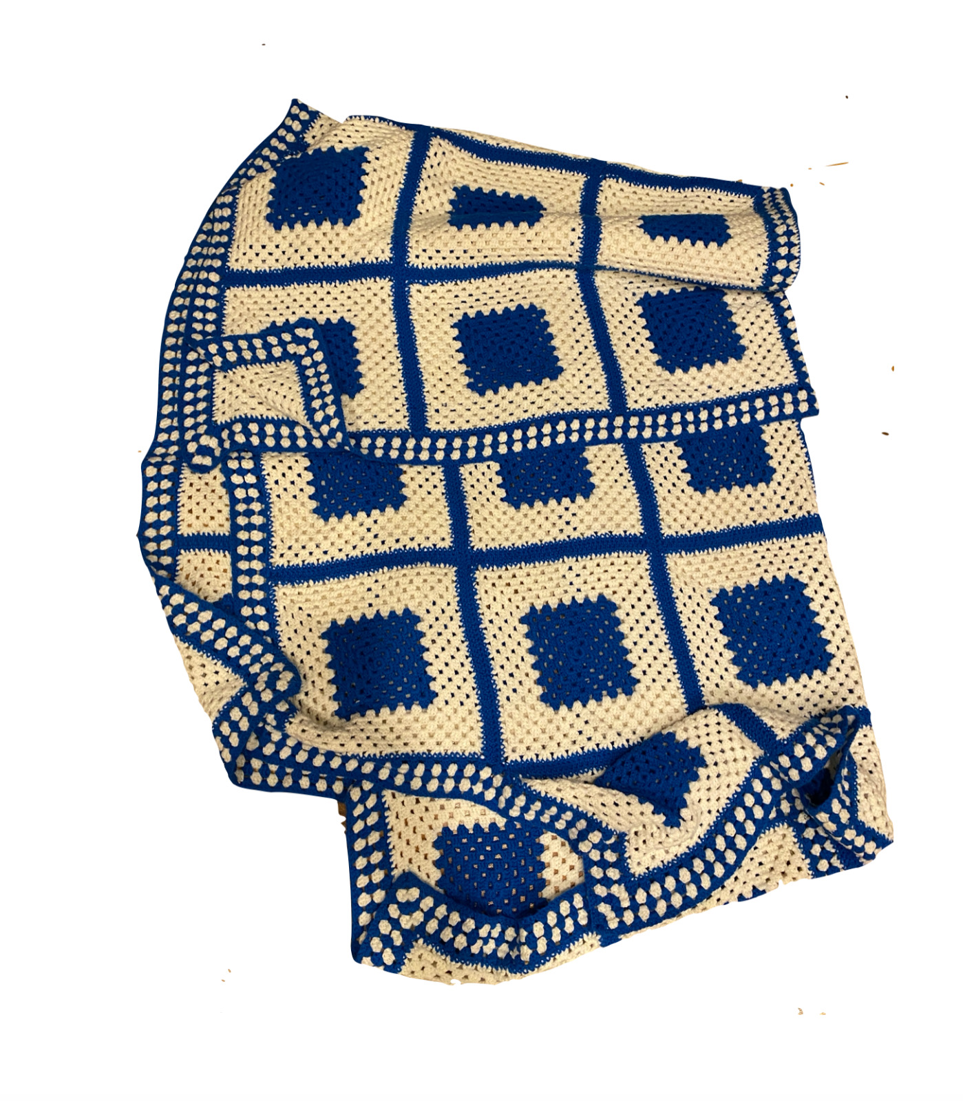 Vtg 60s Mid Century Modern MCM Square Hand Crochet Blanket Bedspread King 102x92