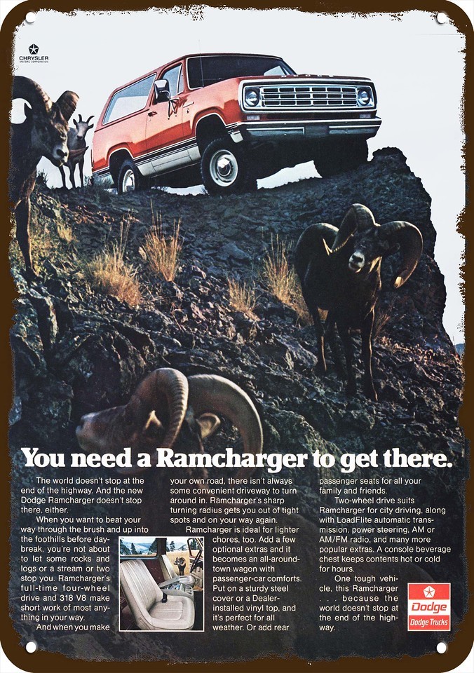 1976 DODGE RAMCHARGER Truck Bighorn Sheep Vnt-Look DECORATIVE REPLICA METAL SIGN 1976 DODGE RAMCHARGER Truck Bighorn Sheep Vnt-Look DECORATIVE REPLICA METAL SIGN
