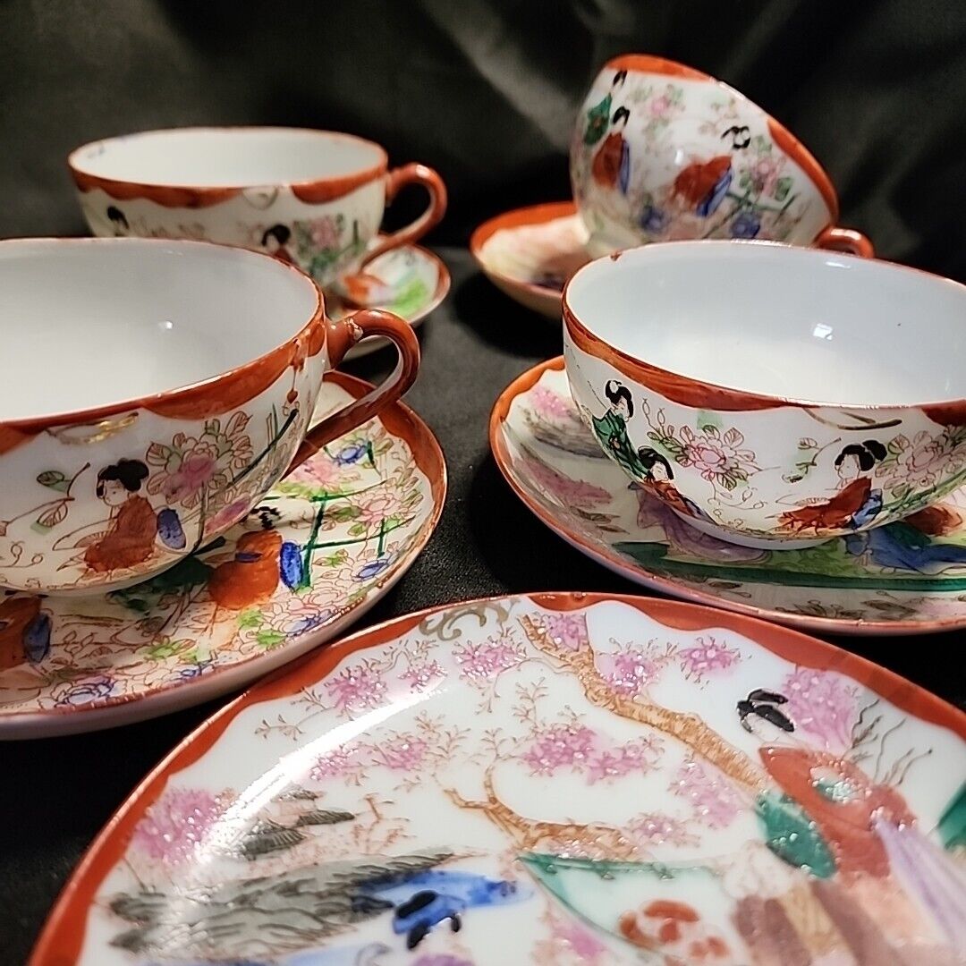 9 Pc Vtg Kutani Geisha Orange Tea Cup Saucer Set Eggshell Porcelain Handpainted