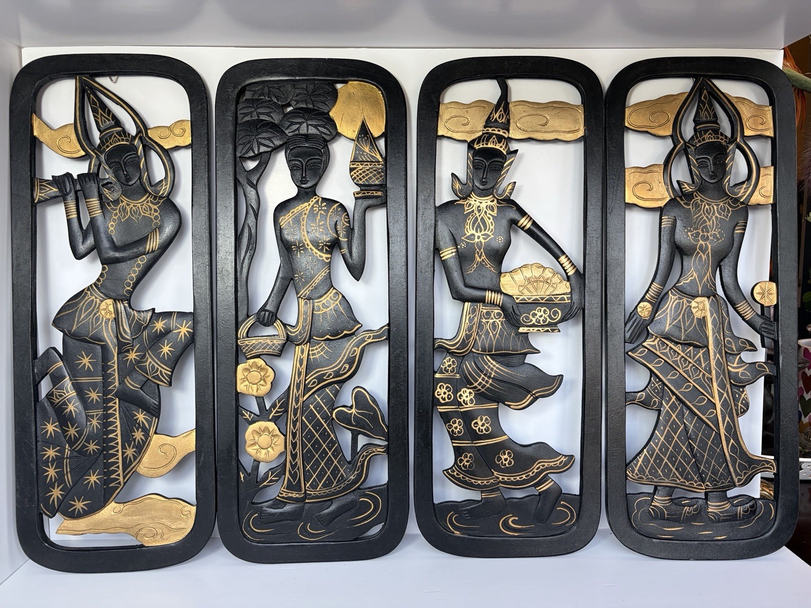 Vtg Thai Carved Wood Wall Panels Set Of 4 Black Gold Gilt Apsaras Deities MCM