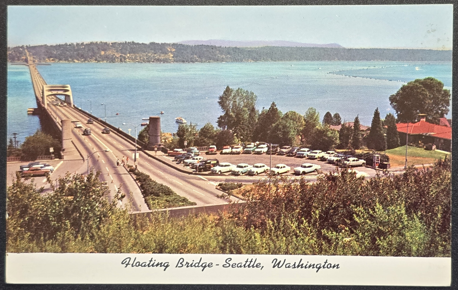 Seattle WA Lake Washington Floating Bridge Chrome Postcard P45546 Plastichrome