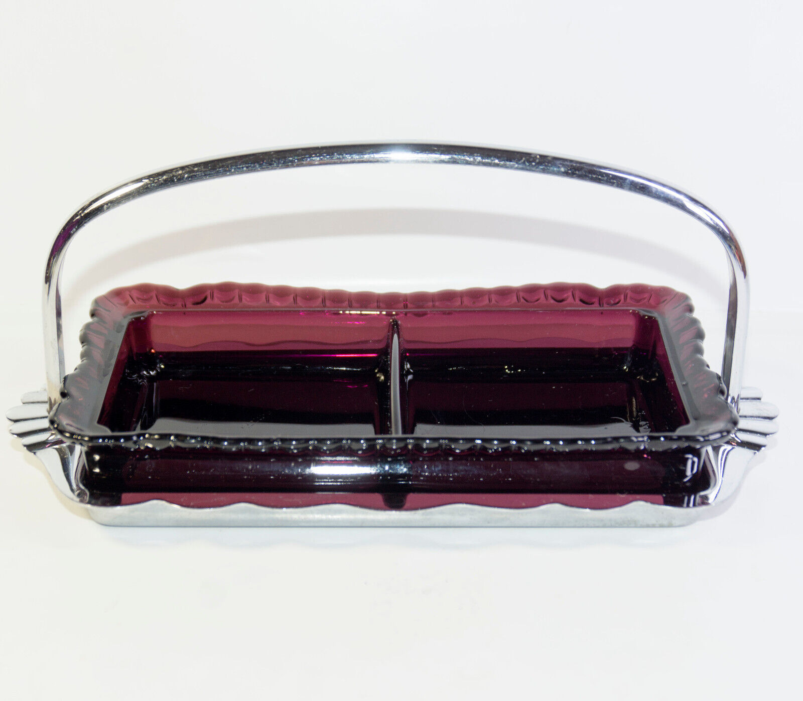 Vintage Farber Bros Krome Kraft Metal Tray Purple Glass Divided  Serving Dish