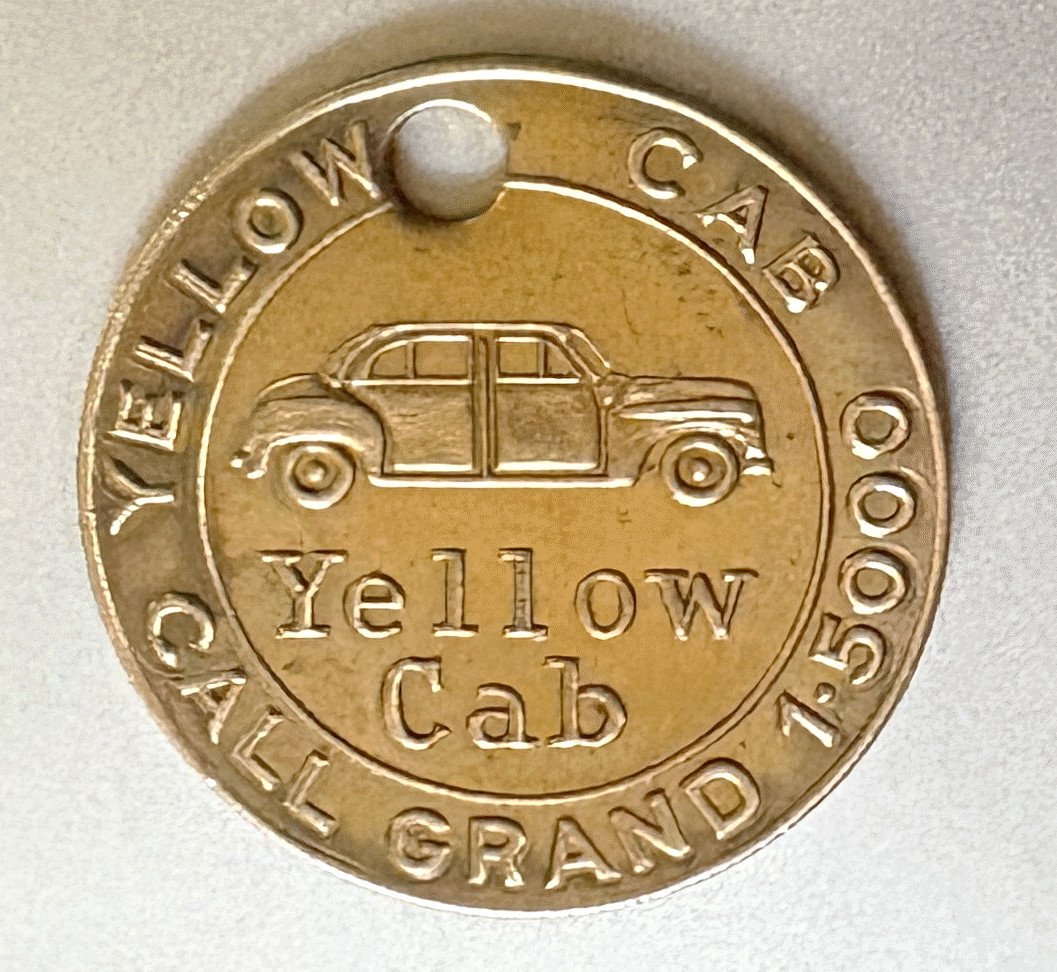 Vtg Charge Coin Tag or Key Fob: YELLOW CAB; Kansas City MO; Neat Taxi Cab Image