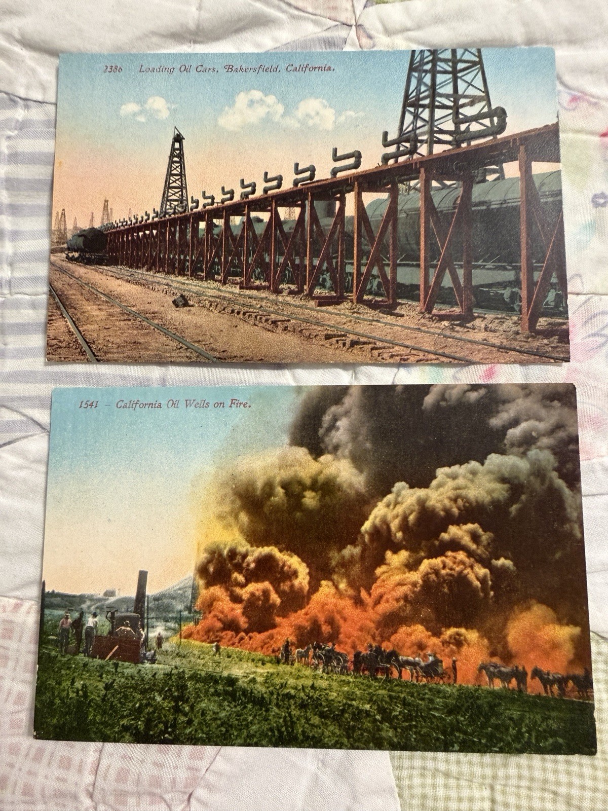 Postcard Lot 1910\'s California Oil Wells on Fire & Loading Railroad Oil Cars VTG