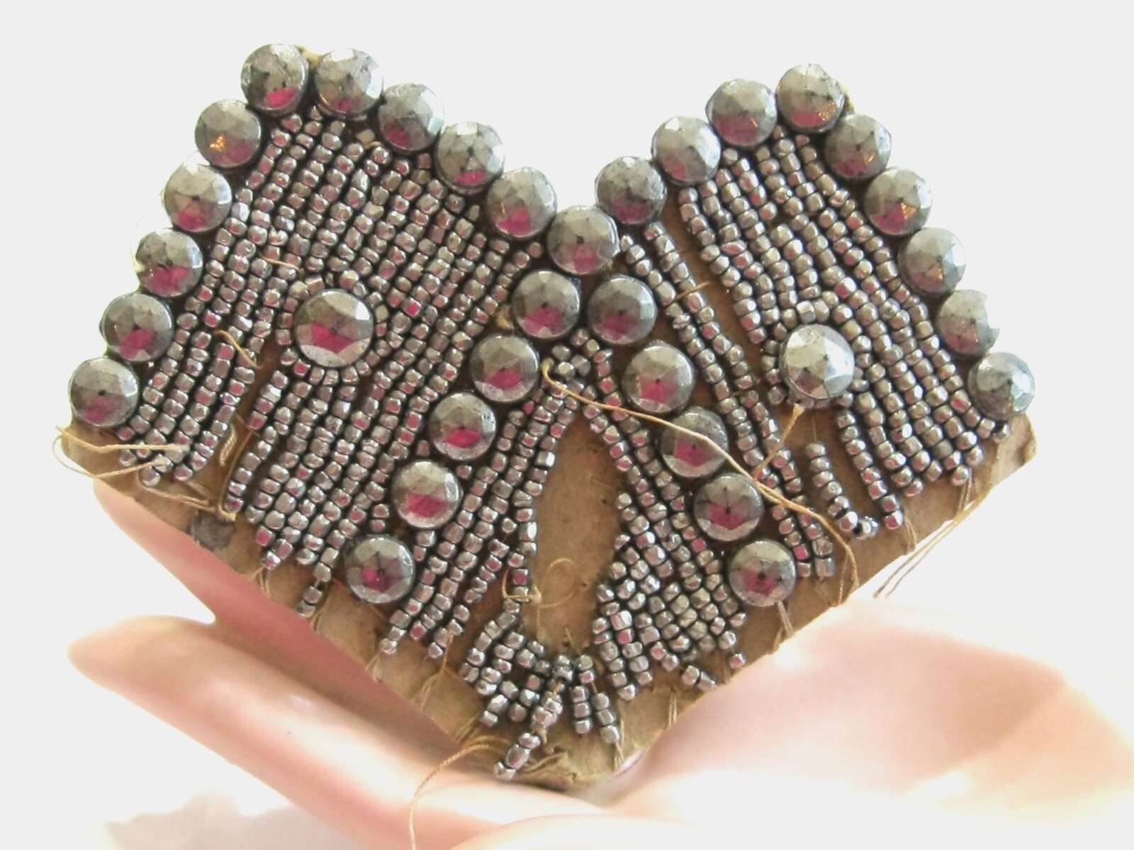 ORIGINAL ANTIQUE CUT STEEL LOOKING GLASS PASSEMENTRIE TRIM BEADS PIECE ON FABRIC