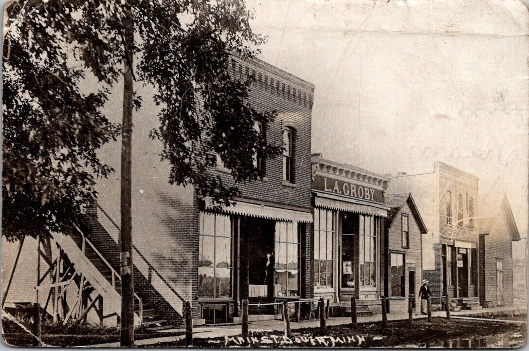 RARE RPPC Dover MN Minnesota, Main Street, L.A. Groby Building Vintage Postcard
