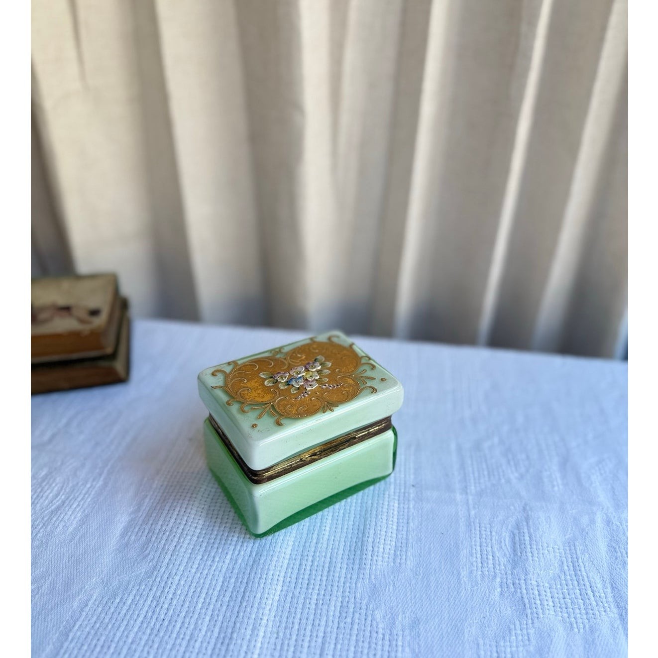 Vintage German Green Opaline Cased Glass Box | Gold Floral Scroll Relief Vanity