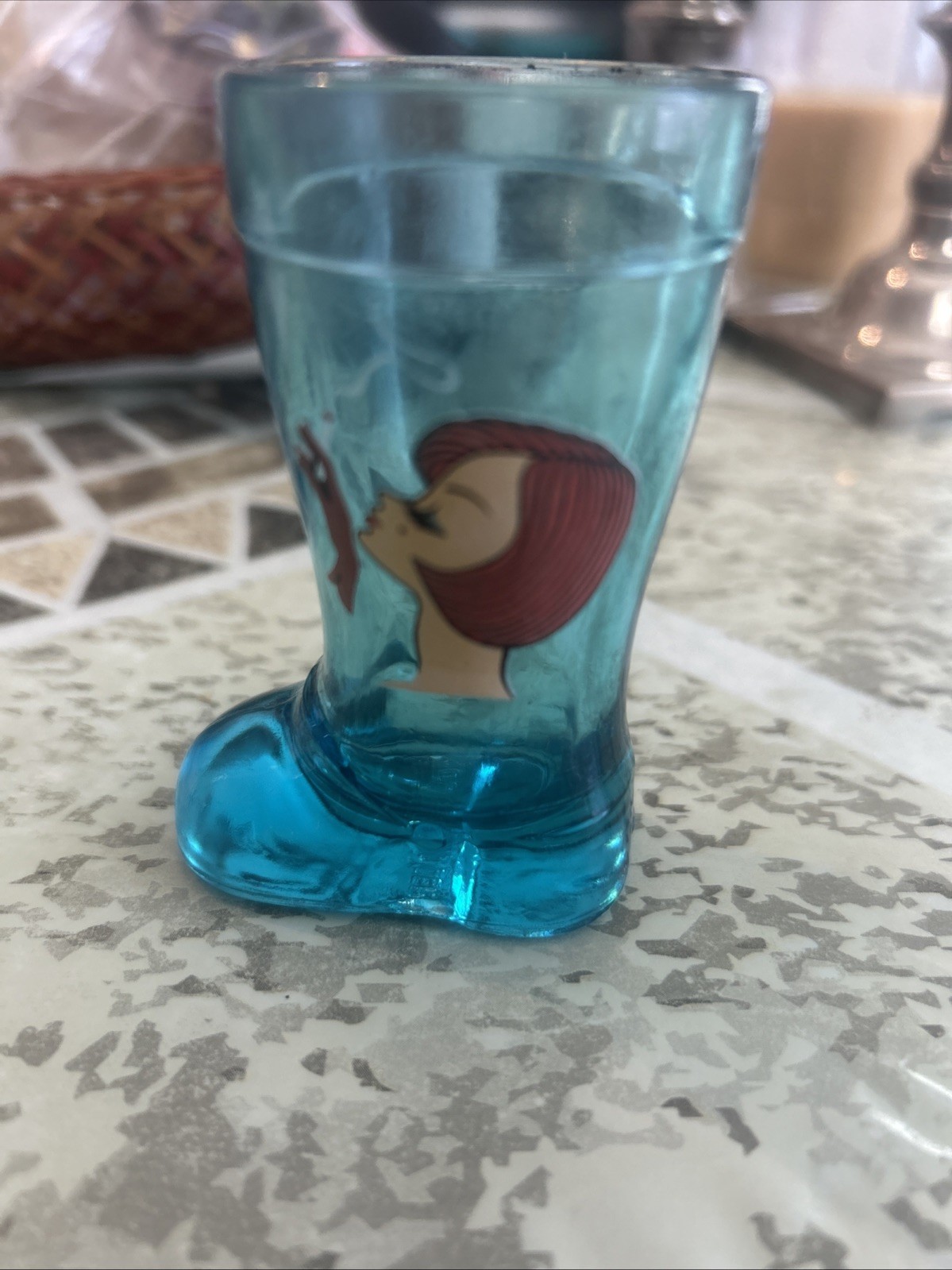 Vintage Mod Dep Boot Shot Glass Lady Smoking Turquoise Blue Glass Mid Century