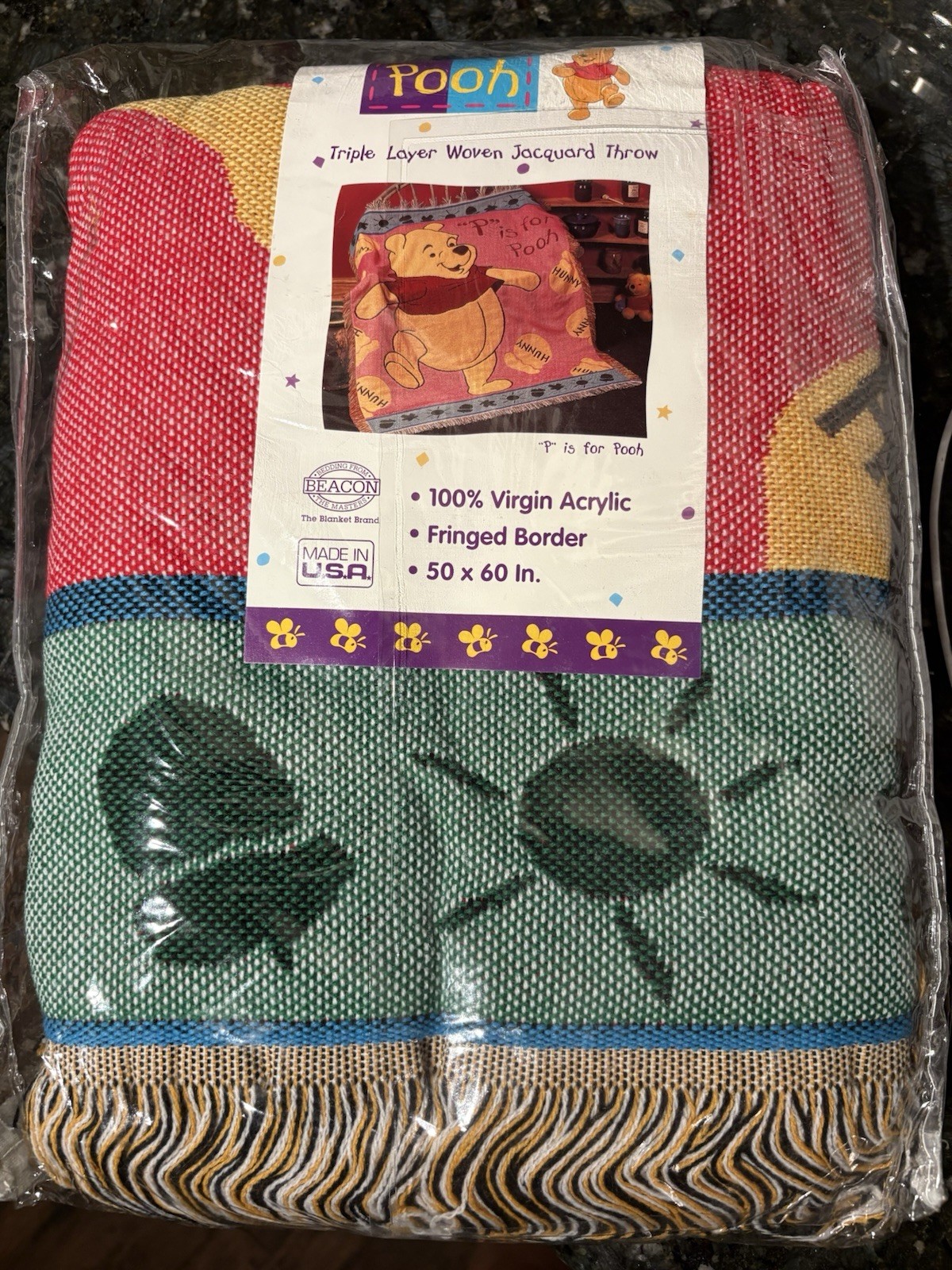 Vintage Disney Winnie The Pooh Fringe Woven Jaquardi Throw Blanket, New