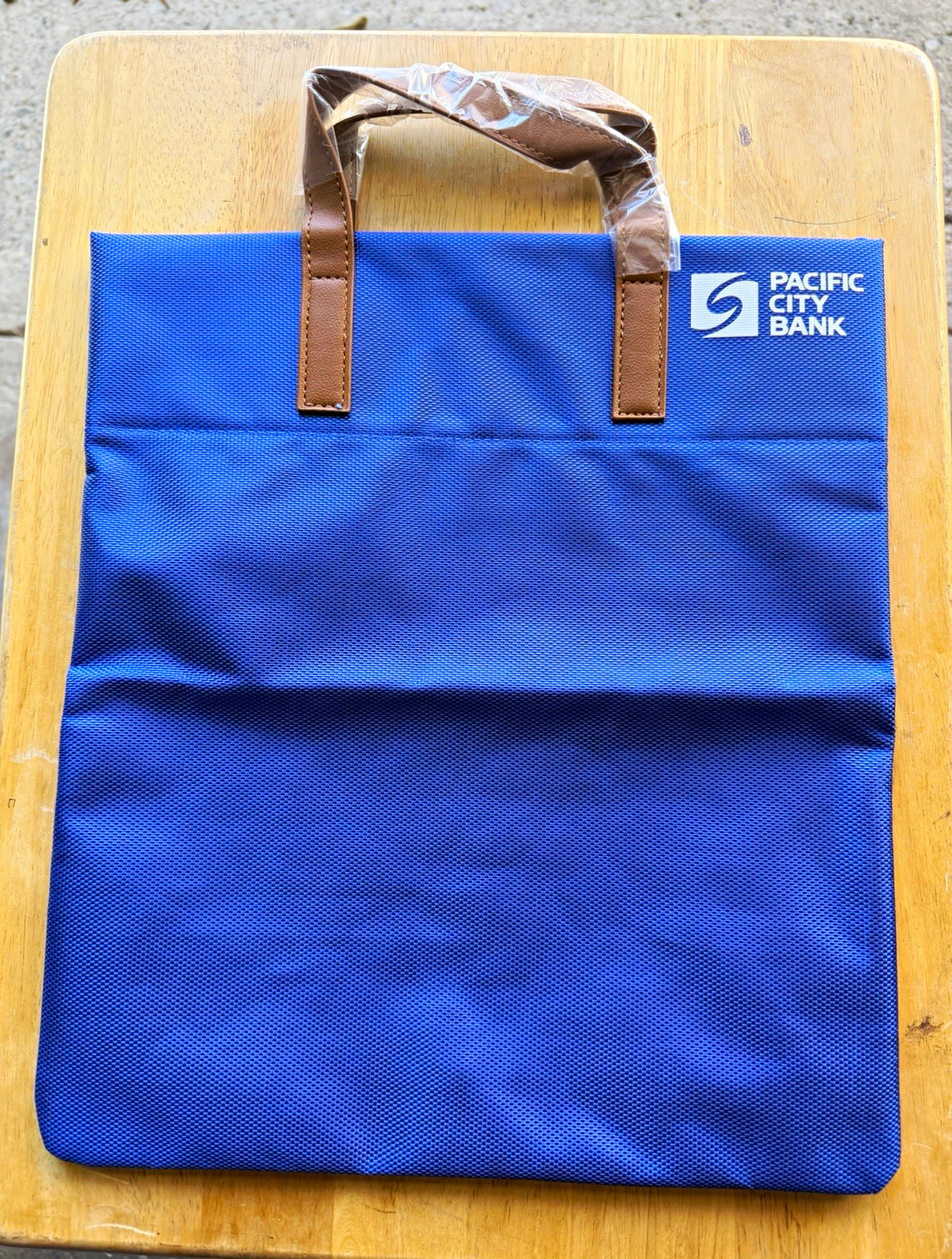 Pacific City Bank Blue Deposit Tote Bag w/ Brown Handles, Banking & Insurance