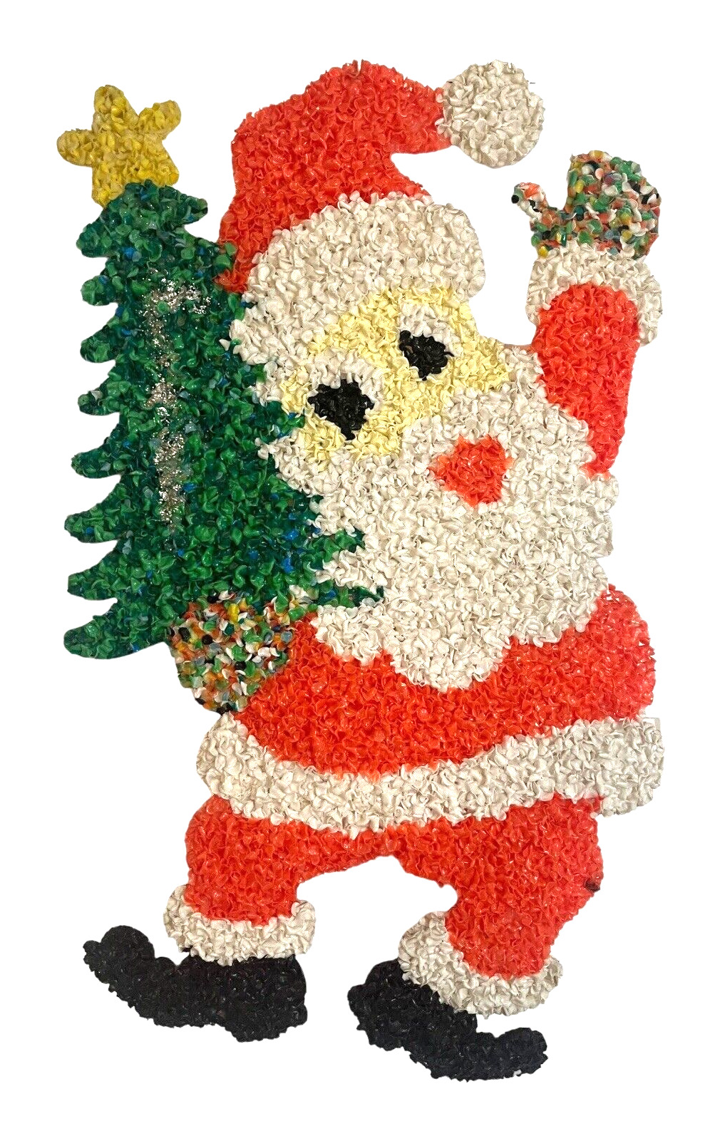 Melted Plastic Popcorn Santa w Tree Waving Wall Hanging Decoration Tree VTG