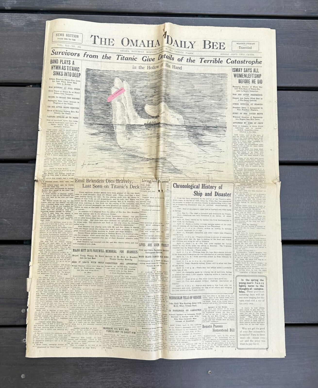 Original April 20, 1912 Titanic Newspaper The Omaha Daily Bee Extra Nebraska