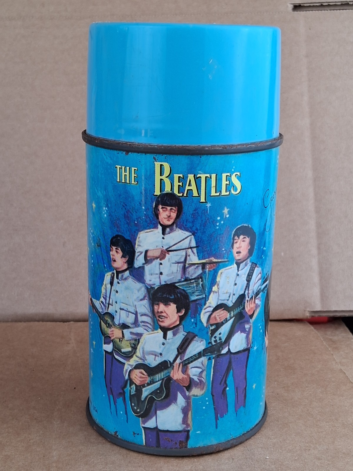Vintage 1965 The Beatles Blue Thermos Aladdin