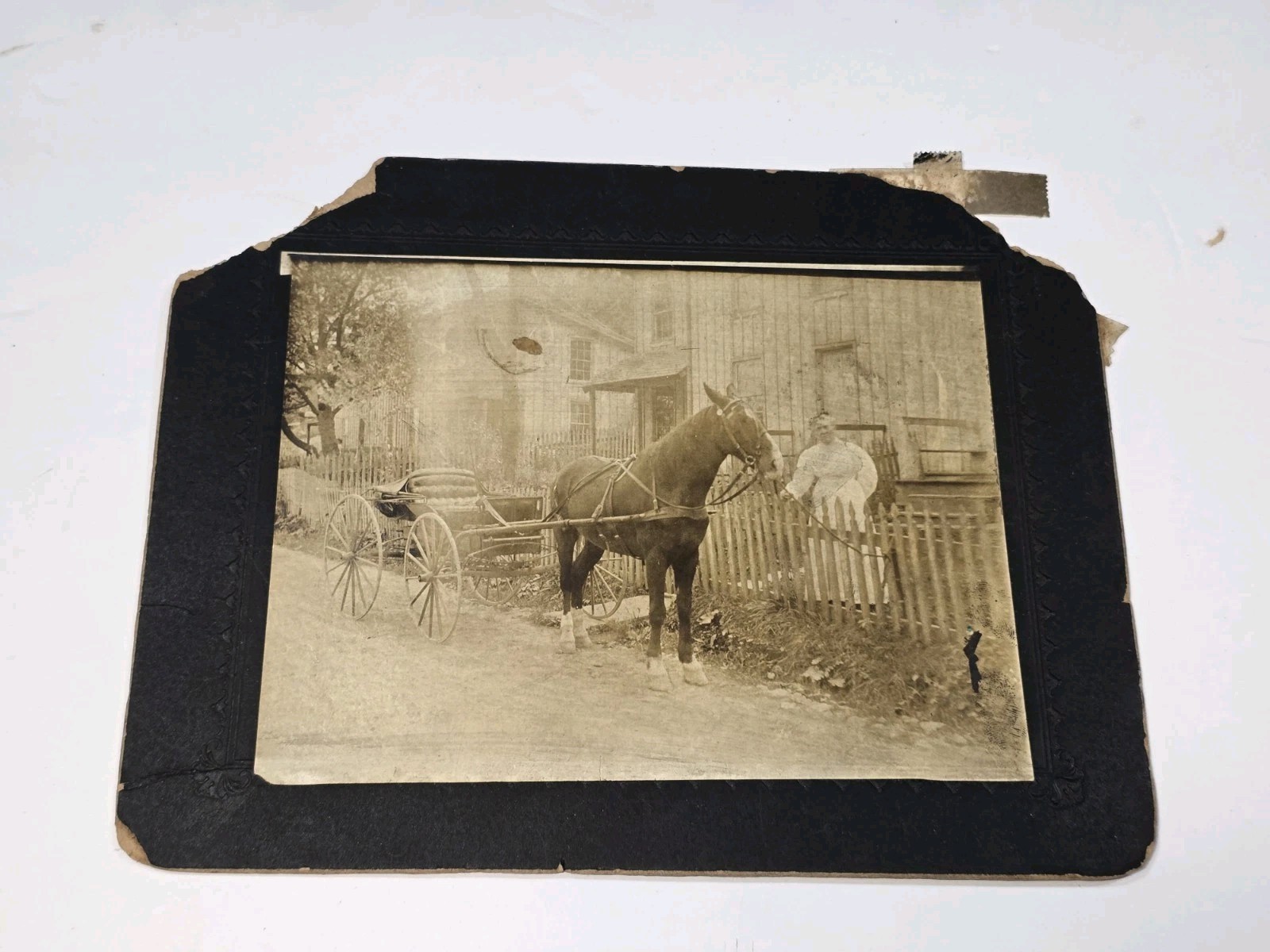 Antique Horse And Buggy Black And White Photo Victorian Woman House Street