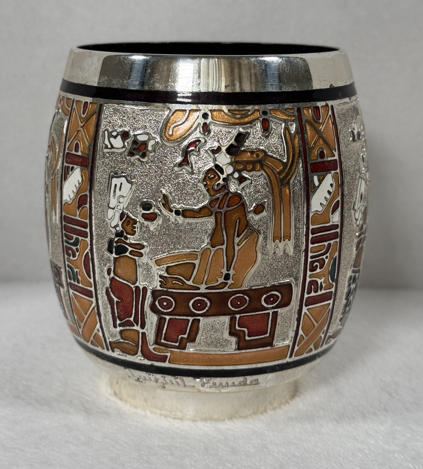 Miguel Pineda Signed Mexico Champleve Enamel Tumbler Cup Aztec Mayan Vintage MCM