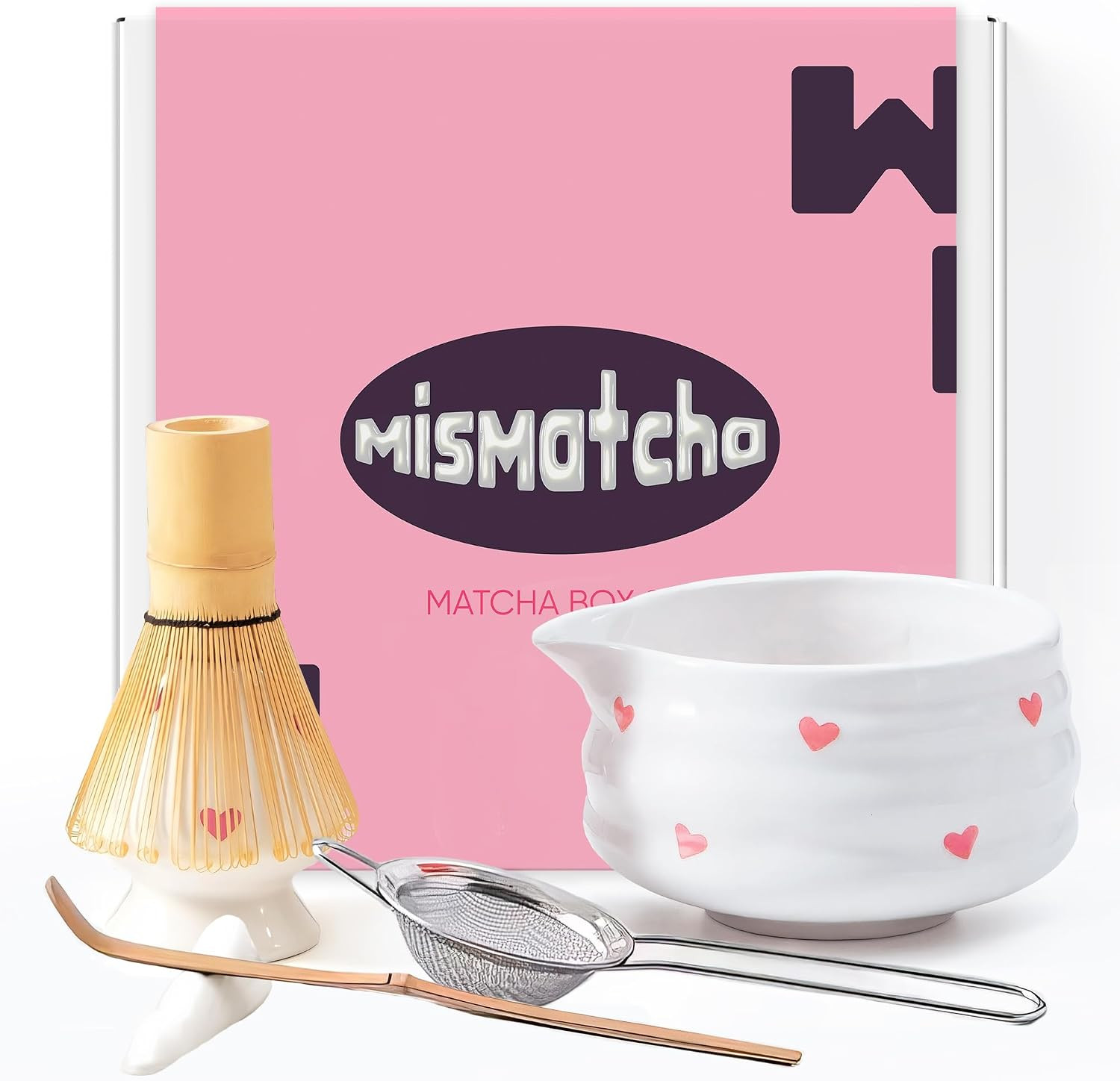 Matcha Whisk Set with Pink Hearts - 6 Piece Ceramic Matcha Set with a Bowl, W... Matcha Whisk Set with Pink Hearts - 6 Piece Ceramic Matcha Set with a Bowl, W...