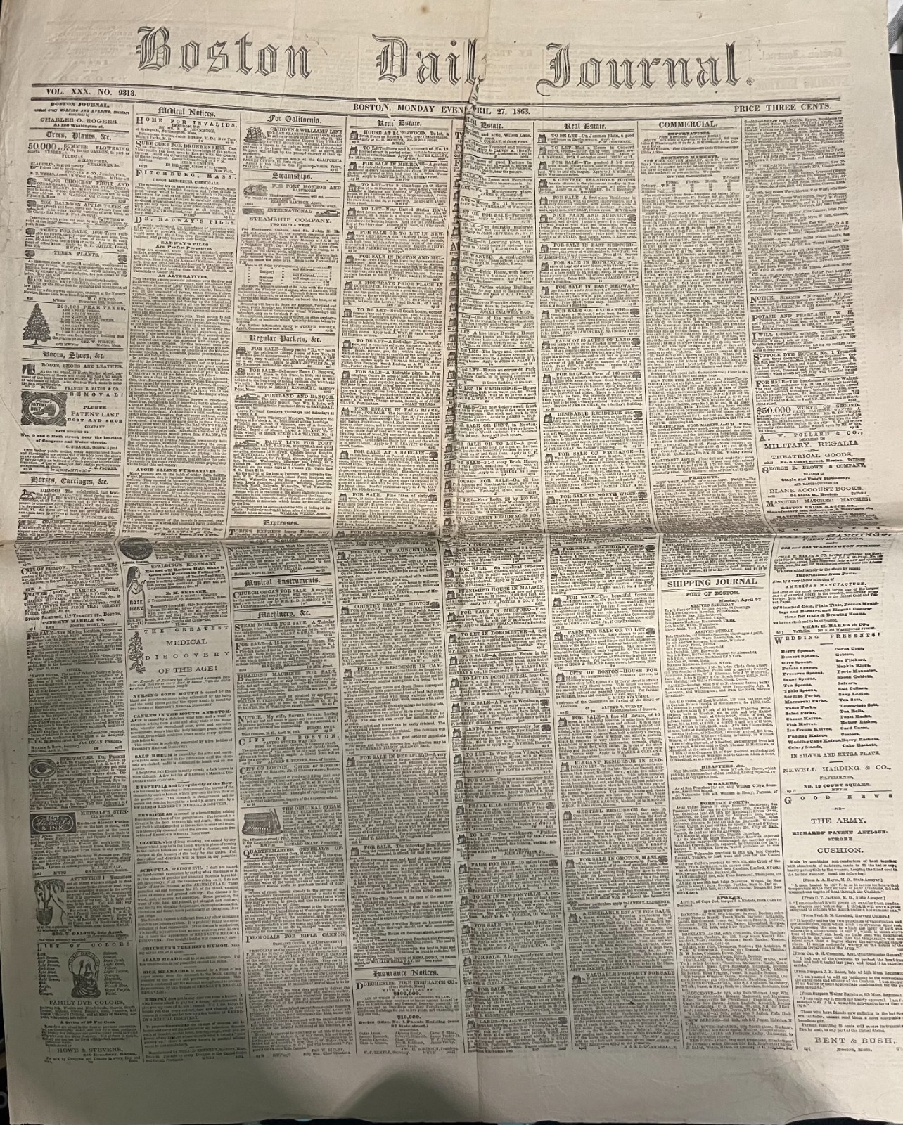Cvil War Newspaper 1863 Boston Daily Journal Cvil War Newspaper 1863 Boston Daily Journal