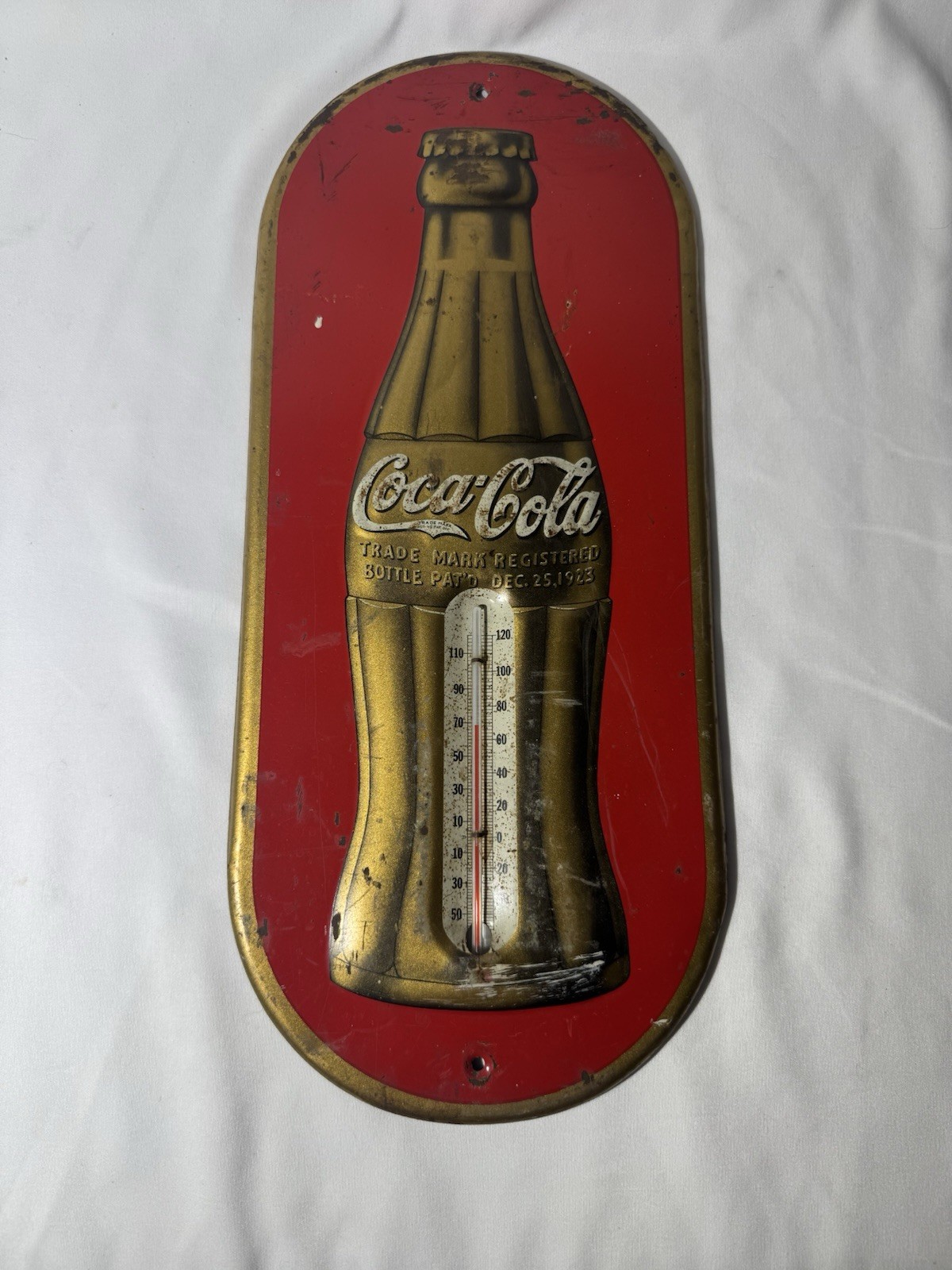 Vintage 1938 Original Coca-Cola Gold Anniversary Tin Thermometer AdvertisingSign