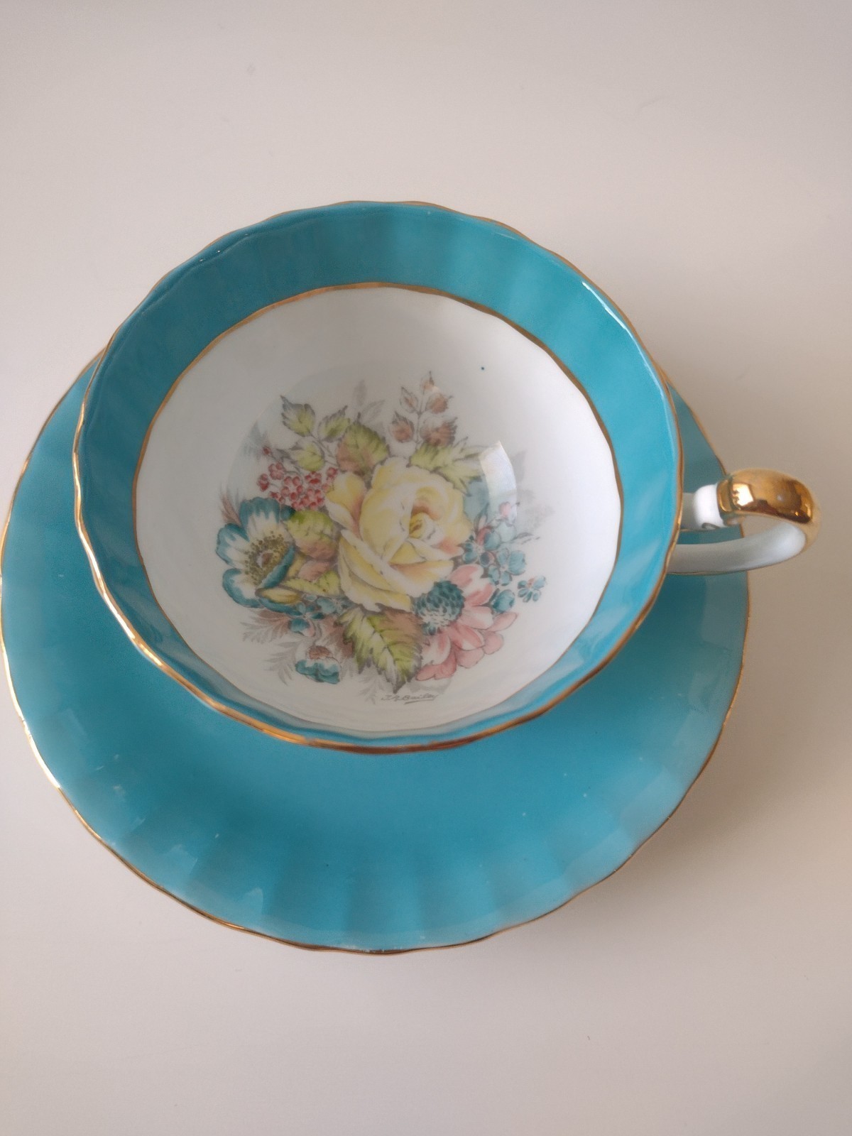 Aynsley Turquoise Cabbage Rose Teacup Saucer Signed J.A. Bailey England Vintage