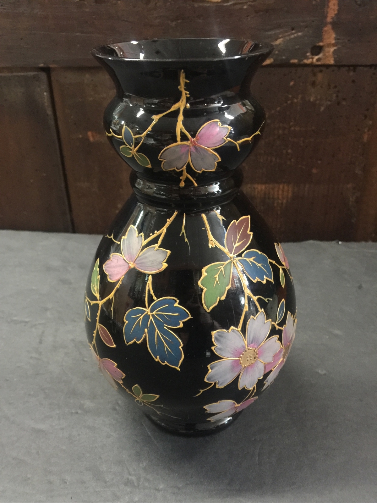 Vintage Victorian Large Black  Gilded Dark  Academia Floral Flower Bristol Vase