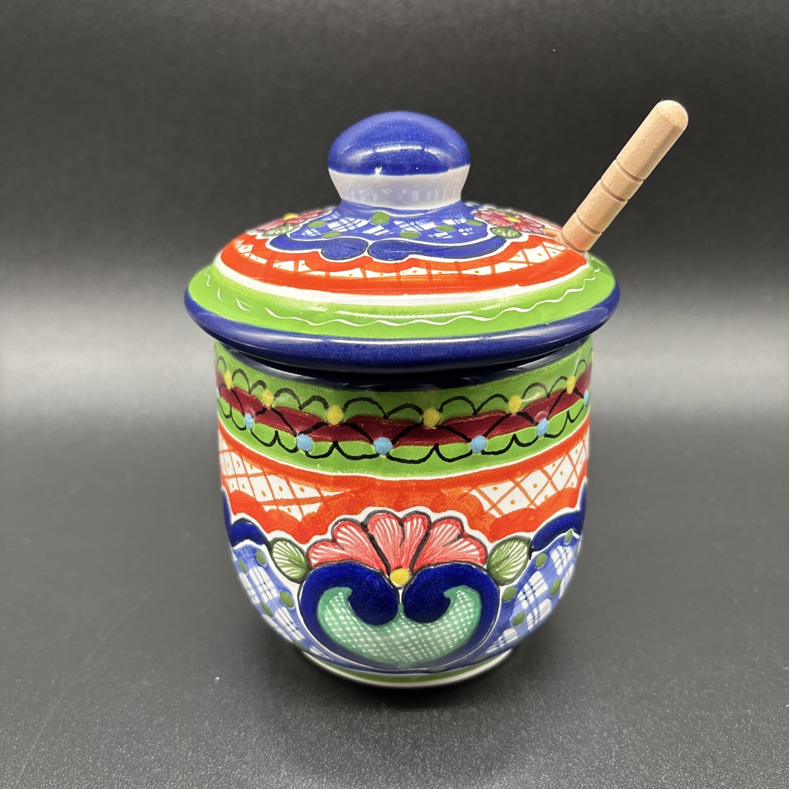 Arte Cruz Talavera Mexican Pottery Honey Pot W/ Wood Dipper Mielera 5.5