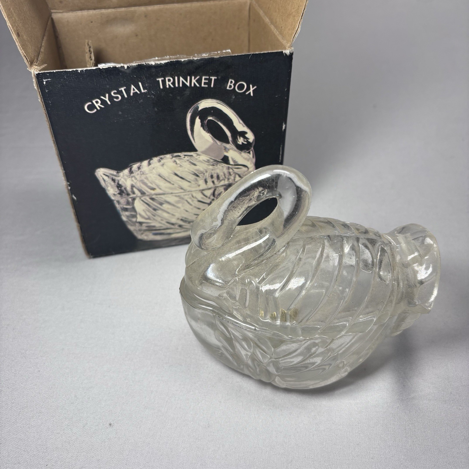 1980s Lead Crystal Swan Trinket Box Over 24% PbO Made in Taiwan w Original Box