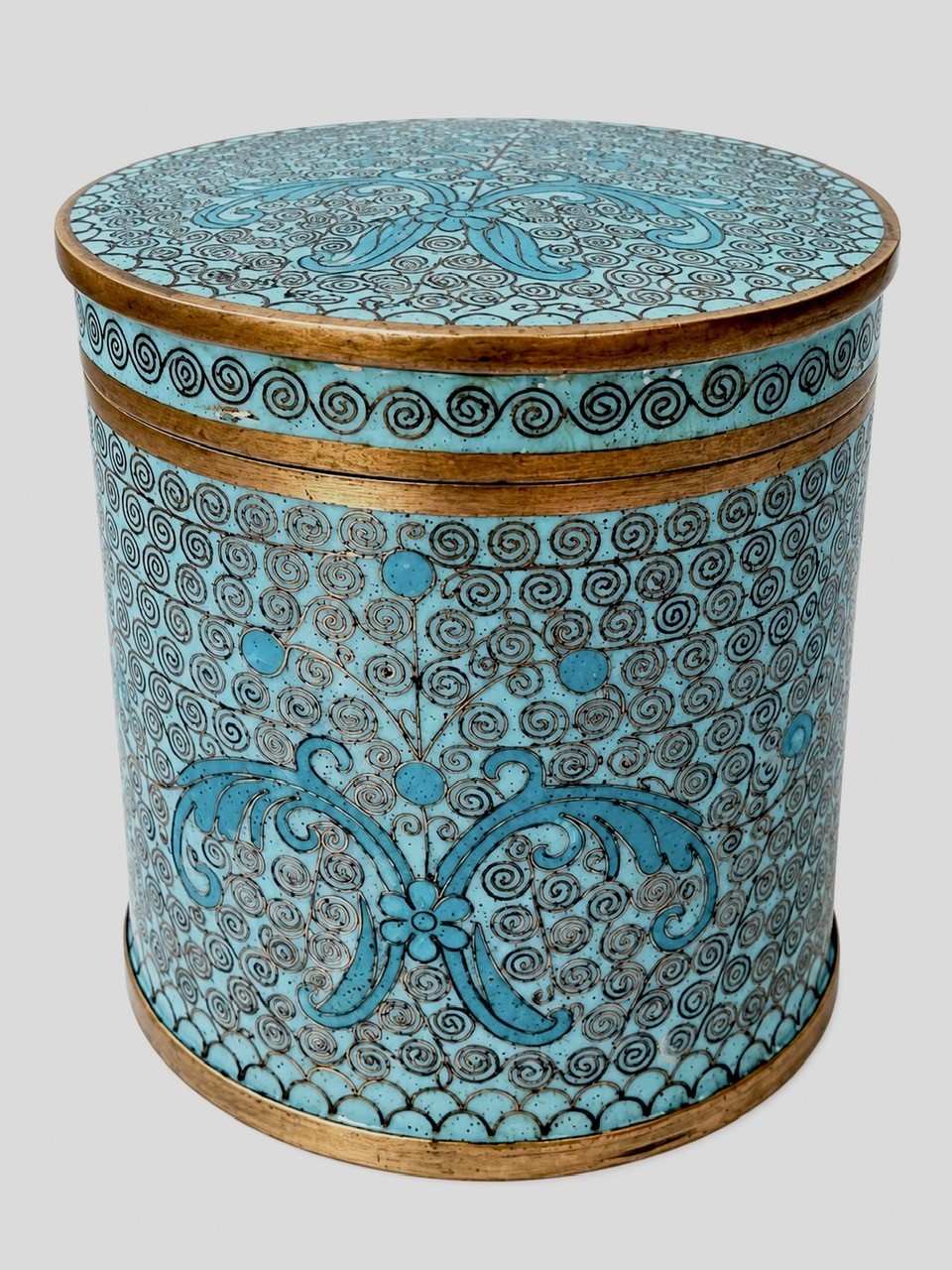 Antique Chinese Cloisonne Enamel Covered Jar Turquoise Blue Spiral Wirework
