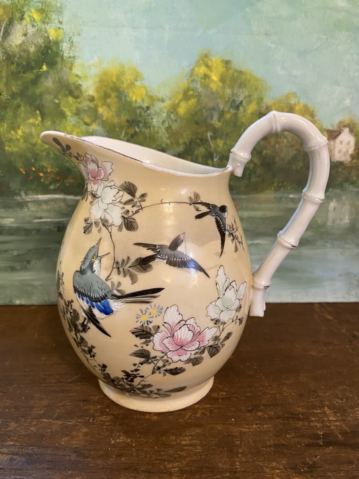 Antique Japanese Hand Painted Floral Birds Creamer Small Pitcher Handle