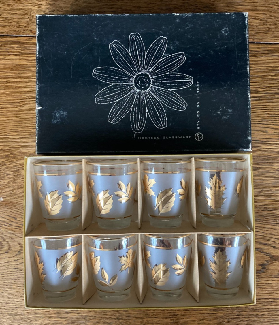 8 VTG Libbey Hostess Golden Foliage 6 oz. Juice Glasses 22K Gold Leaf in Box EUC