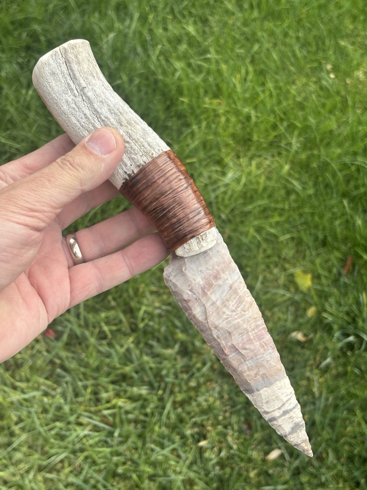 Elk Antler Agate HUGE Serrated Dagger Knife Wrapped In Sinew Authentic Look