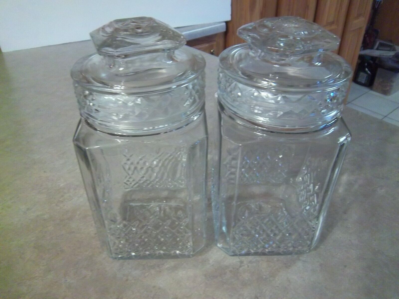 2 Vintage Koeze\'s 9 in. Glass Canister w/Lids - Kitchen Storage - Apothecary Jar