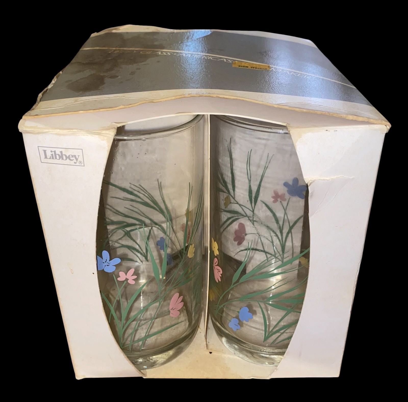 Libbey 1980s Flowers 4 Cooler Glasses 16oz NOS 