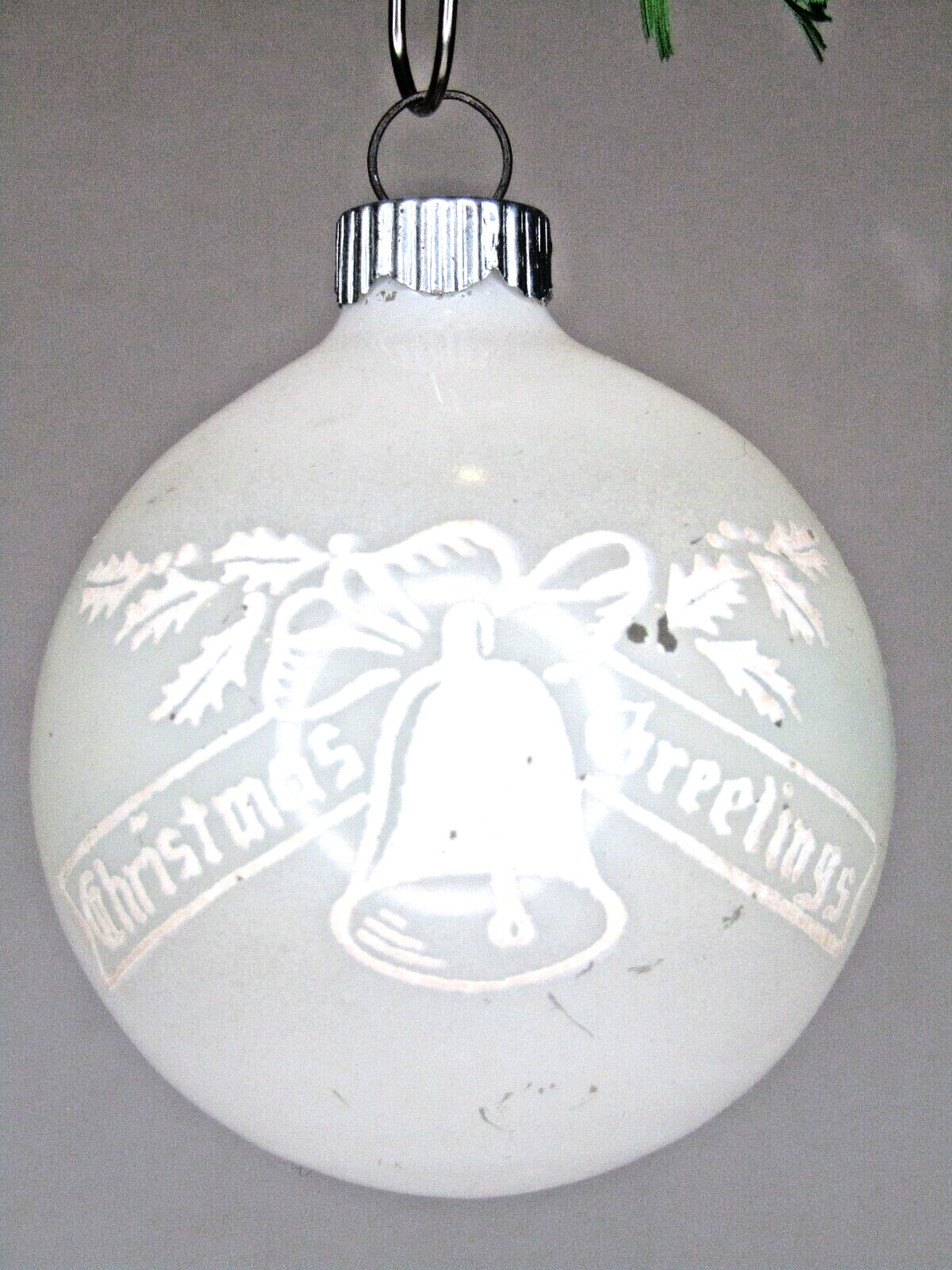 VTG Unsilvered Frosted Glass XMAS GREETINGS BALL Christmas Ornament Shiny Brite