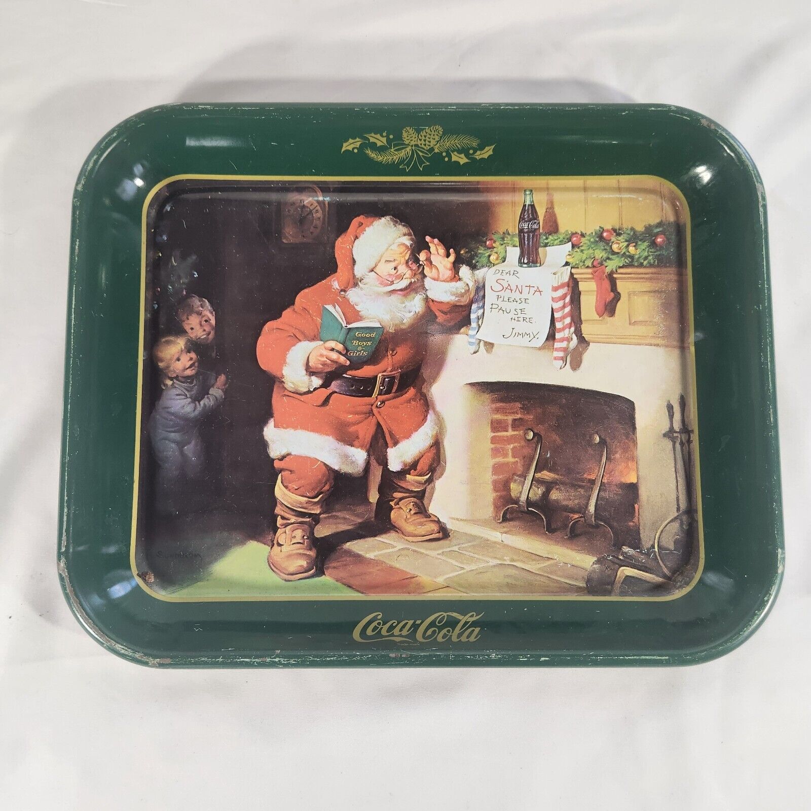 Vintage 1989 Christmas Santa Claus Coca Cola Coke  Serving Tray 13x10 Distressed