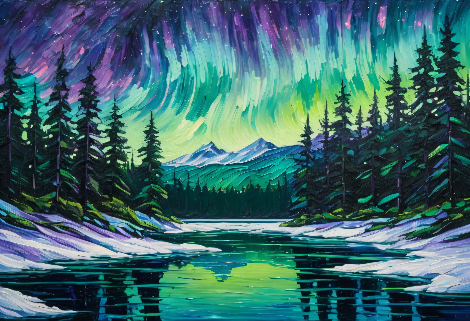 Northern Lights Over Frozen Lake - Impasto Knife Wall Art Print