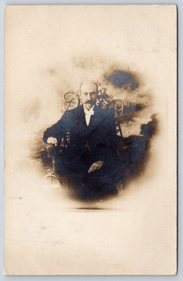 Old Orchard portrait mustached man formal suit vignette studio RPPC 1908