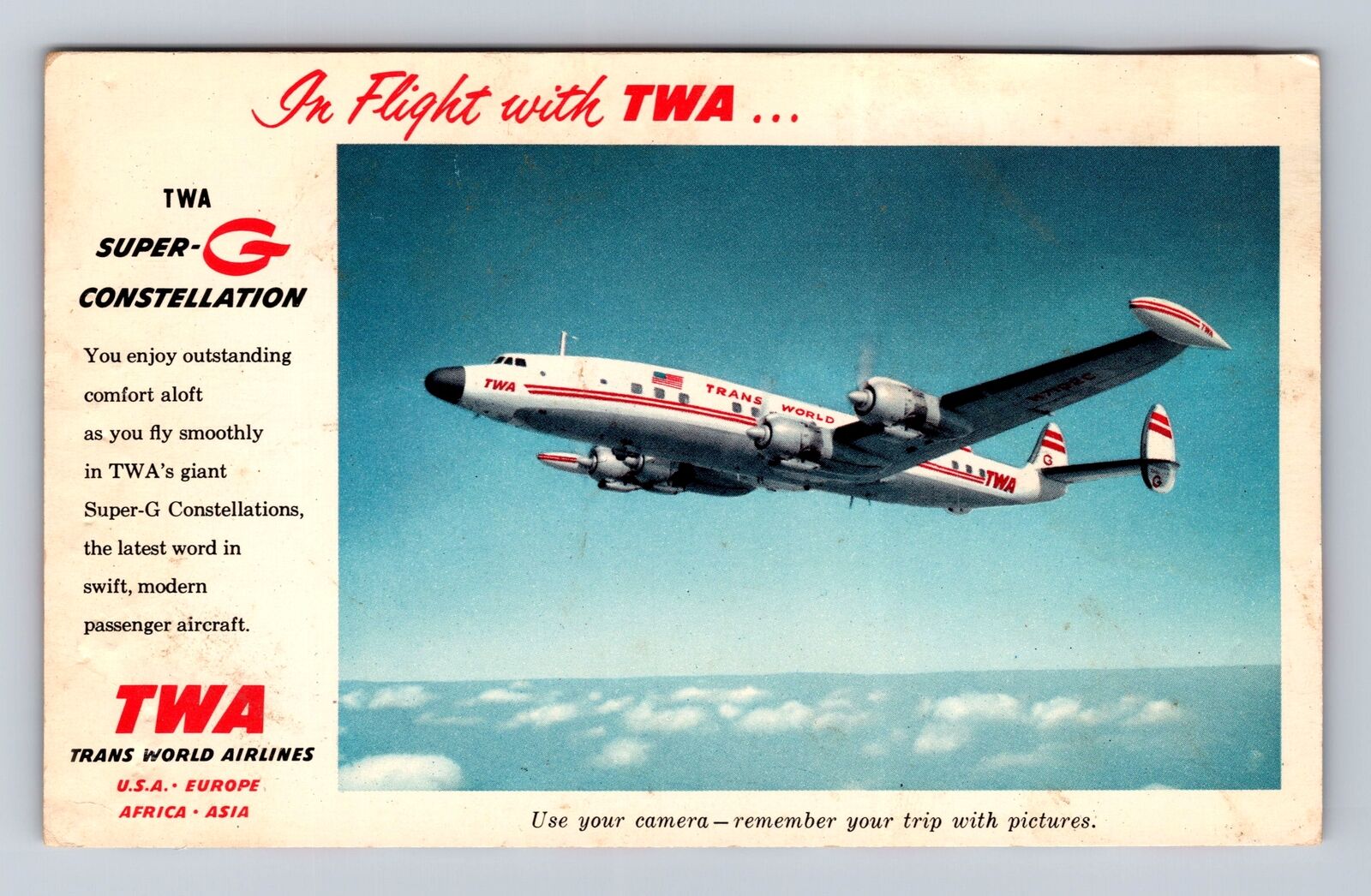 TWA Super G Constellation, Airplane, Transportation, Vintage Souvenir Postcard