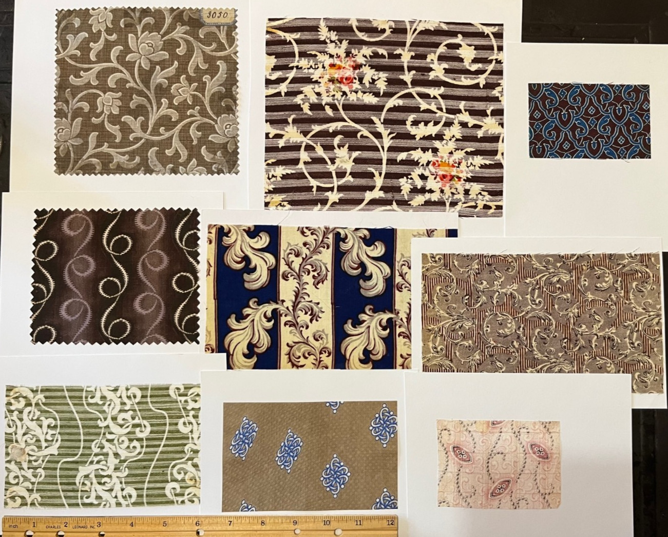 S40 Vintage, Antique French Printed Textile Swatches, Scroll designs Lot of 40