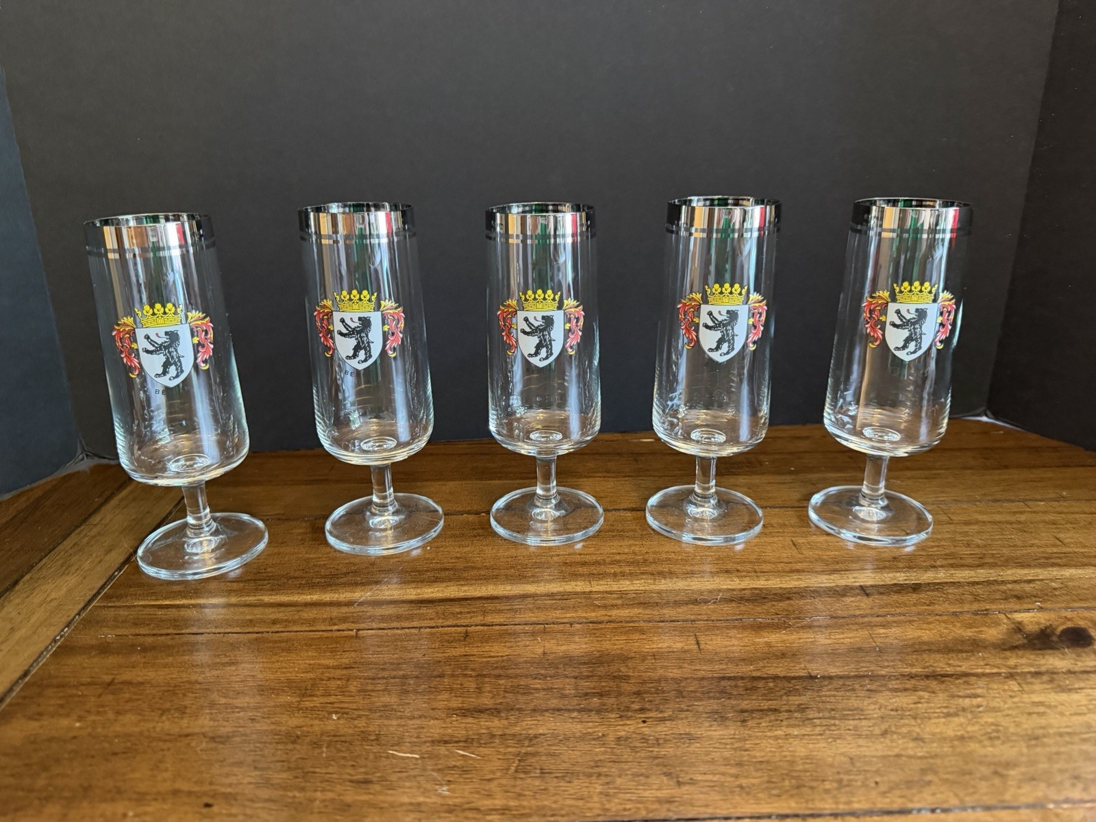 Vintage German Lion Crest Pilsner Beer Glasses Silver Rim Stemmed Set of 5