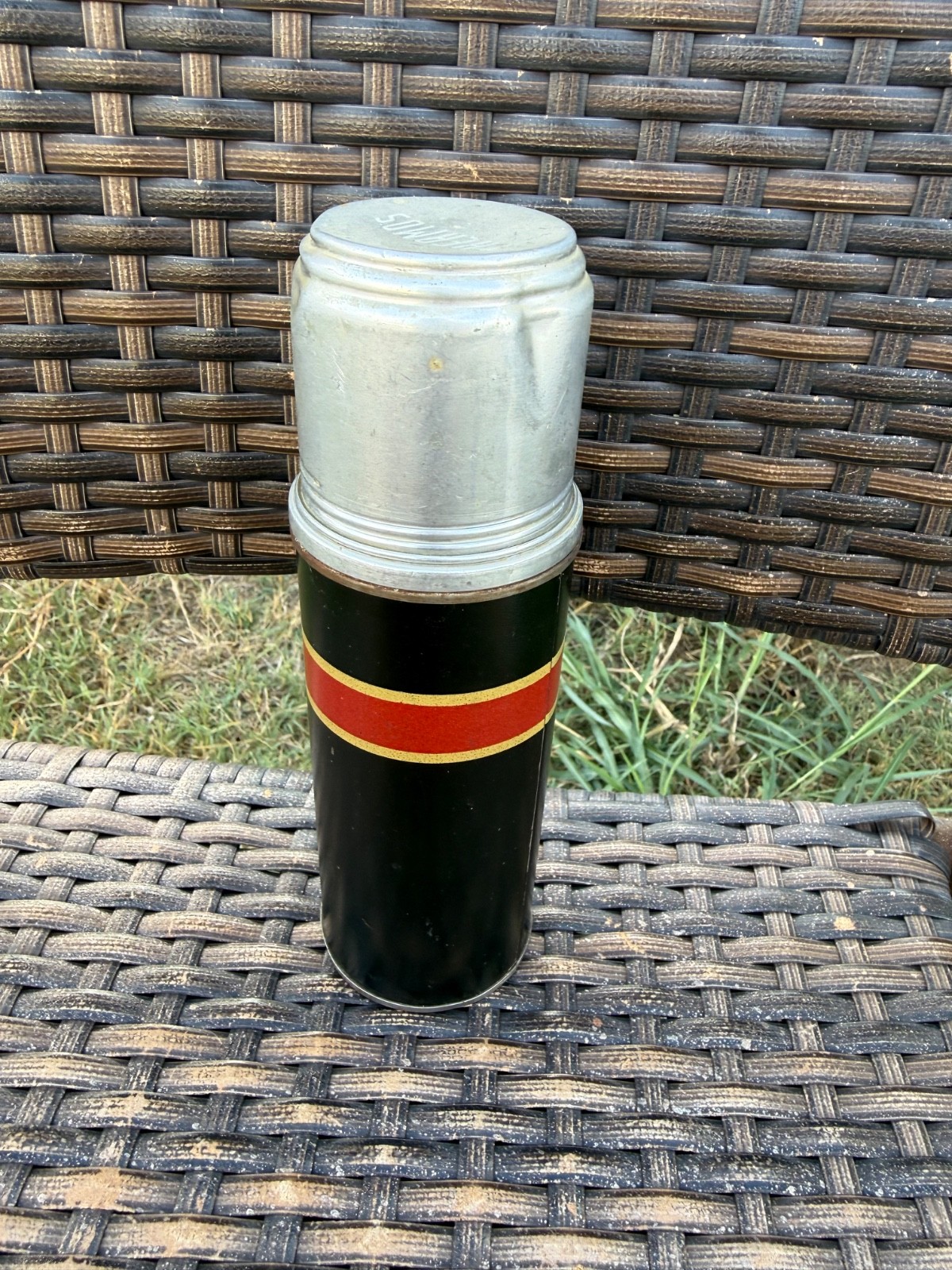 Vintage American Thermos Bottle Co. Black & Red With Cork And Aluminum Lid