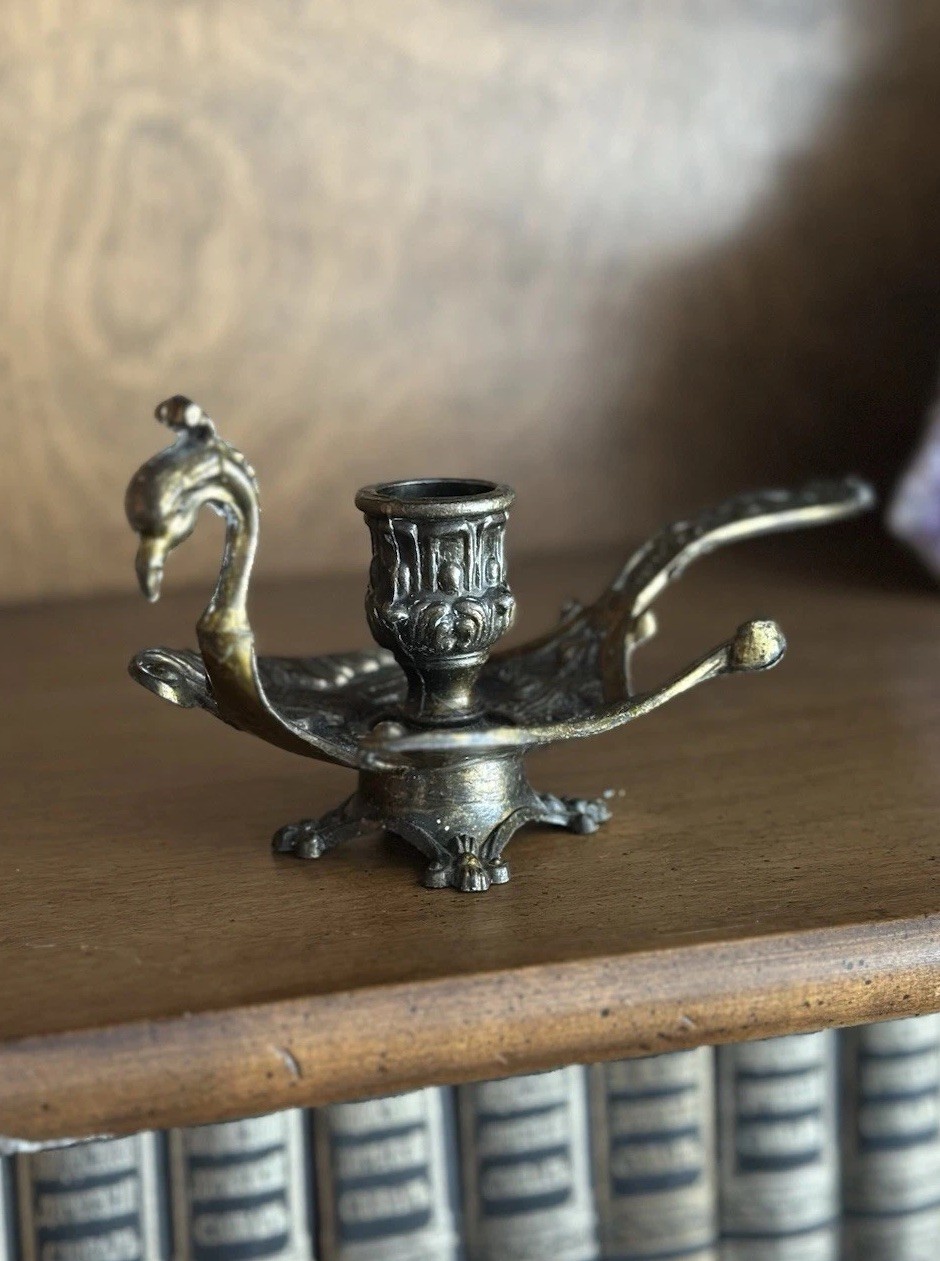 Vintage Italian Brass Peacock Chamberstick Candle Holder Made in Italy