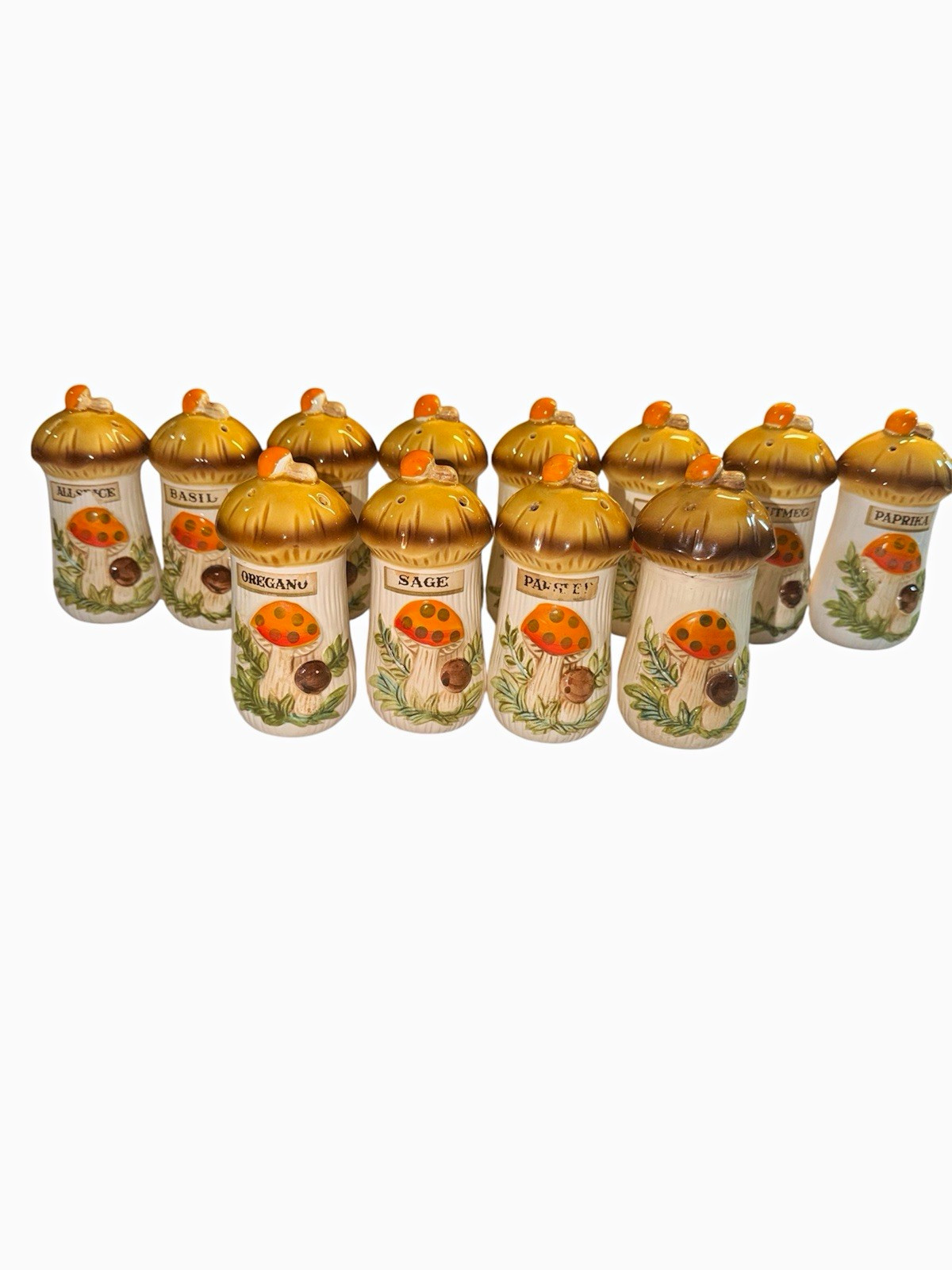 Vintage Sears Merry Mushroom Ceramic Spice Shakers Set of 12 1977 Japan 🍄