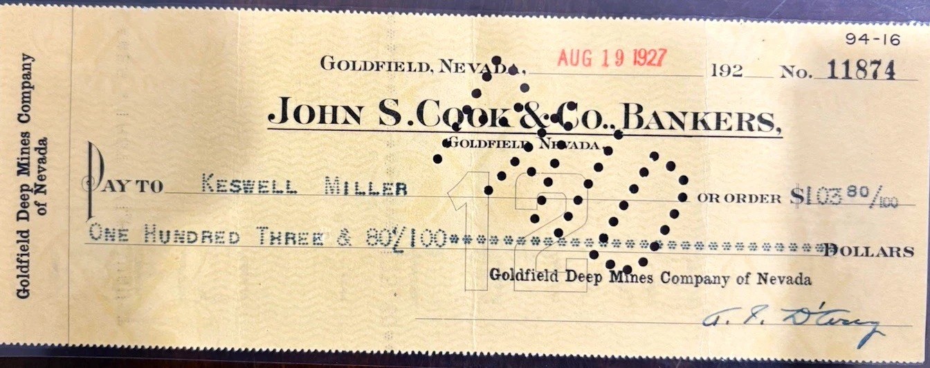 Goldfield Deep Mines Co. of Nevada Check/Draft 1927