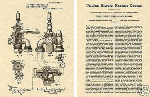 WESTINGHOUSE AIR BRAKE- 1876 US PATENT Art Print READY TO FRAME Train