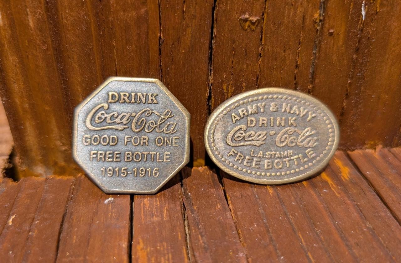 2 BRASS COKE DRINK COCA COLA TOKENS ARMY & NAVY GOOD FOR ONE FREE BOTTLE DATED