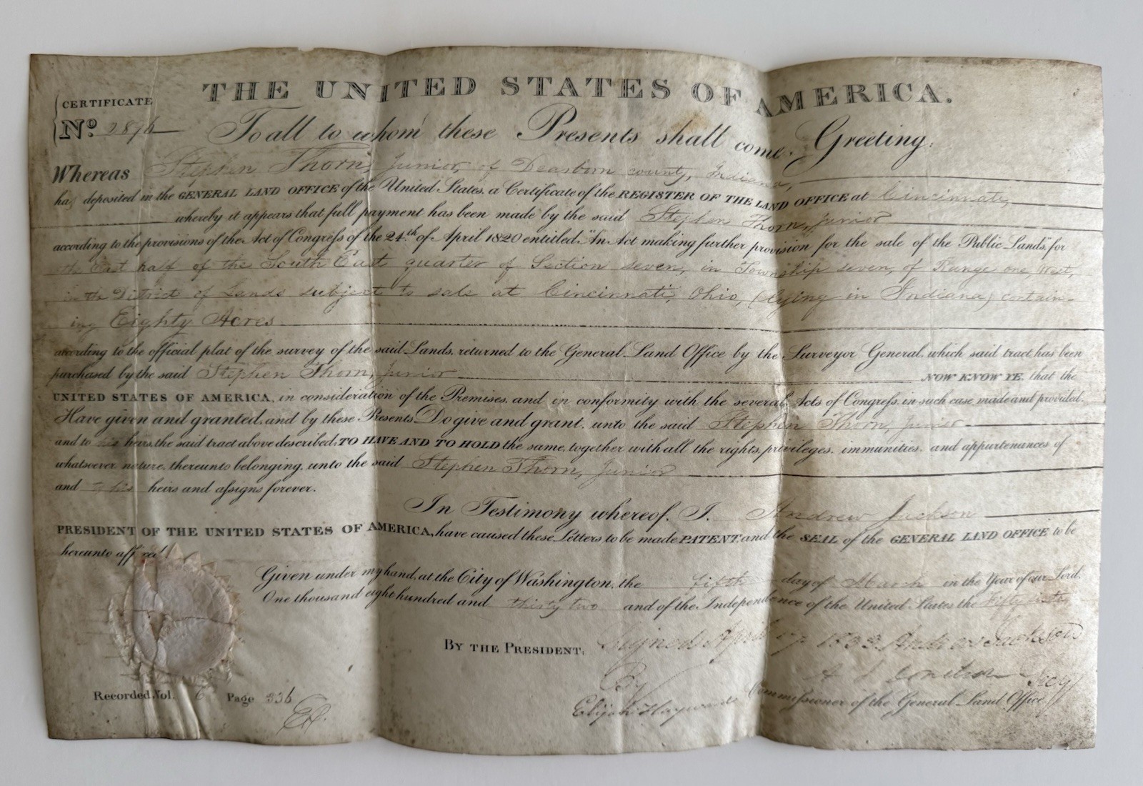 1832 Andrew Jackson U. S. Land Grant Patent