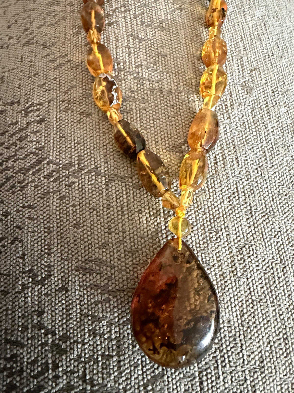 Vintage Amber Bead Necklace with Teardrop Pendant and Insect Inclusion