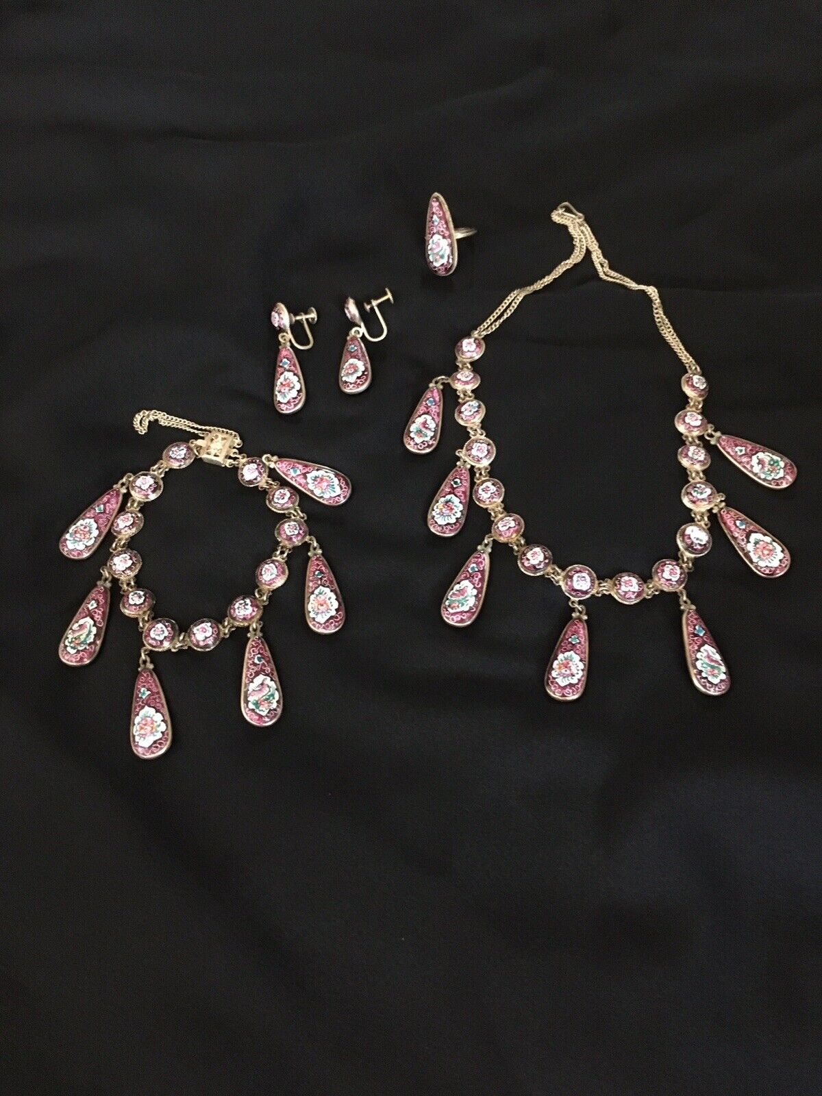 Antique 1930's silver quality 875 Persian Hand-painted Jewelry Set